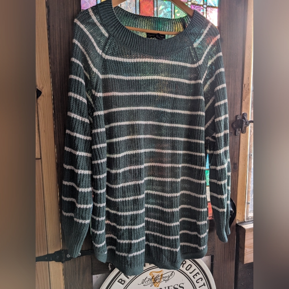 Coco and Shay Striped Green and White Plus Size Sweater